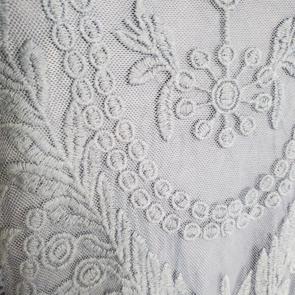 Ali Miles Size L Blue Lace Tunic Top Crochet Sheer Panel Ruffle Cap Sleeve - Picture 3 of 10